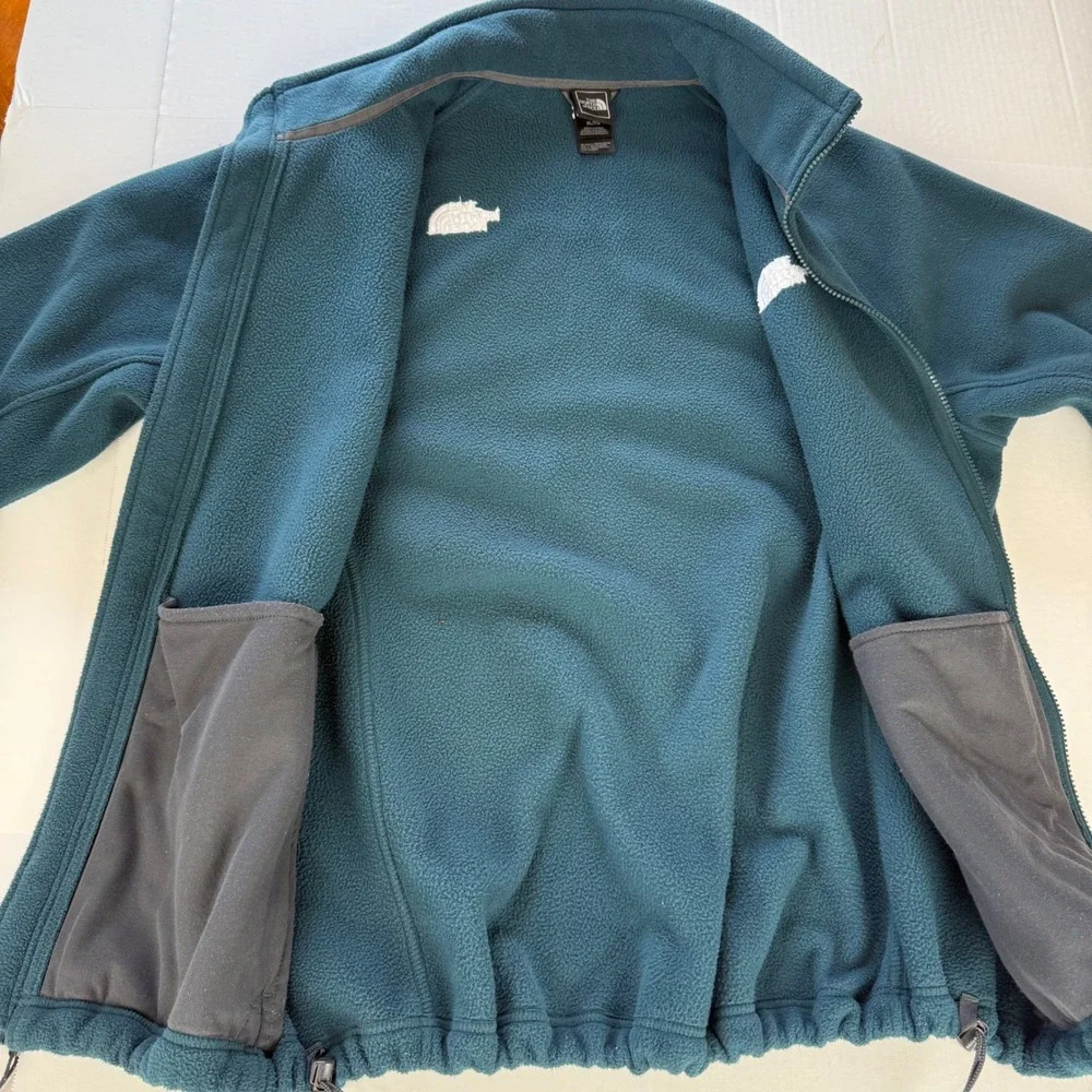 The North Face Mens XL Full Zip Fleece Jacket Teal Blue Raglan Sleeve Cinch Hem